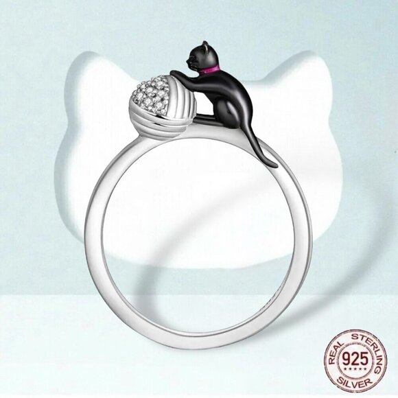 NWT Black Cat With Yarn Ring S925 Sterling Silver Stamped Sz.6 - Picture 1 of 10